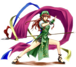 Rule 34 | 1girl, bad id, bad pixiv id, braid, china dress, chinese clothes, dress, female focus, full body, hat, hong meiling, immaterial and missing power, ledjoker07, ogera, ogera okera, polearm, red hair, solo, spear, touhou, twin braids, weapon, white background