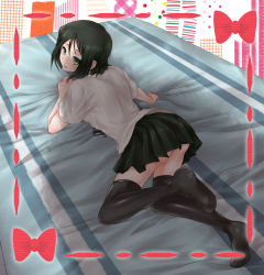 Rule 34 | 1girl, bad id, bad pixiv id, bed, black hair, fate/stay night, fate/zero, fate (series), gender request, genderswap, green eyes, highres, mofu mofuko, parted bangs, pleated skirt, sensha otoko, shadow, short hair, skirt, solo, striped clothes, striped thighhighs, thighhighs, vertical-striped clothes, vertical-striped thighhighs, waver velvet