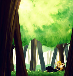 Rule 34 | 1girl, arms behind back, black skirt, black vest, blonde hair, blurry, boots, braid, brown footwear, dappled sunlight, day, depth of field, expressionless, forest, grass, kirisame marisa, knee boots, knee up, leaning back, light rays, long hair, long skirt, looking at viewer, nature, no headwear, on ground, oota (ikumi1110), puffy short sleeves, puffy sleeves, shirt, short sleeves, single braid, skirt, skirt set, solo, sunbeam, sunlight, touhou, tree, vest, white shirt, yellow eyes