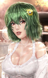 Rule 34 | 1girl, backlighting, book, book stack, bottle, breasts, chest of drawers, cleavage, clock, collarbone, corset, eyebrows, eyelashes, eyeshadow, female focus, floral print, flower, flower pot, freckles, green hair, hair flower, hair ornament, indoors, kazami yuuka, large breasts, light, lips, lipstick, looking to the side, lotion bottle, makeup, mightyhonk, mirror, nose, off shoulder, perfume bottle, photo (object), plant, potted plant, realistic, red eyes, red lips, room, shelf, shiny skin, short hair, solo, stuffed animal, stuffed toy, sunflower, sunflower hair ornament, teddy bear, teeth, touhou, undressing, wavy hair, wriggle nightbug
