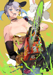 Rule 34 | 1girl, bare shoulders, black choker, blue eyes, blue hair, blue overalls, breasts, brown background, brown gloves, chainsaw, choker, cleavage, clothes writing, english text, gloves, gradient hair, grey hair, halloween, holding, holding chainsaw, ikuchan kaoru, ikuchan kaoru (character), indie virtual youtuber, large breasts, looking at viewer, mole, mole under eye, multicolored hair, open mouth, overalls, power tool, scar, scar on face, short twintails, solo, teeth, twintails, two-tone hair, upper teeth only, virtual youtuber