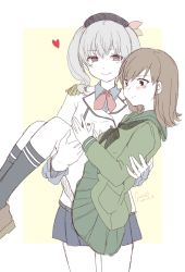 Rule 34 | 2018, 2girls, artist request, black neckerchief, black socks, blush, brown hair, buttons, carrying, collared shirt, cowboy shot, dated, double-breasted, epaulettes, frilled sleeves, frills, green sailor collar, green serafuku, green skirt, grey shirt, hair between eyes, hat, heart, highres, kantai collection, kashima (kancolle), kneehighs, loafers, long hair, long sleeves, military, military uniform, multiple girls, neckerchief, ooi (kancolle), pleated skirt, princess carry, red neckerchief, sailor collar, school uniform, serafuku, shirt, shoes, signature, silver hair, skirt, socks, twintails, uniform, wavy hair, yuri