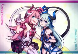 Rule 34 | 2girls, :d, aqua eyes, aqua hair, bare shoulders, black gloves, blush, commentary, curled horns, dress, english commentary, fang, flat chest, garter straps, gloves, hair between eyes, hair ornament, hair ribbon, heart tail duo, honkai (series), honkai impact 3rd, horns, liliya olenyeva, long hair, looking at viewer, micro shorts, multiple girls, open mouth, parted lips, pink hair, purple eyes, ribbon, rozaliya olenyeva, short shorts, shorts, skin fang, smile, speckticuls, tail, thighhighs, very long hair, w, white garter straps, white gloves, white thighhighs