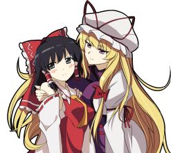 Rule 34 | 2girls, arm around shoulder, arm ribbon, ascot, ass, black eyes, black hair, blonde hair, blush, bow, breast press, breasts, covered erect nipples, detached sleeves, dress, embarrassed, hair bow, hair tubes, hakurei reimu, hat, hat ribbon, highres, hip focus, homco, large breasts, leaning on person, long hair, long sleeves, looking at another, looking away, mob cap, multiple girls, outline, purple eyes, ribbon, ribbon-trimmed sleeves, ribbon trim, simple background, sleeveless, smile, tabard, touhou, very long hair, white background, white dress, yakumo yukari