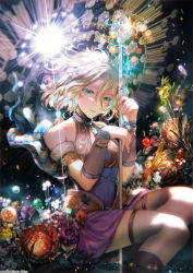 Rule 34 | 1girl, armlet, artist name, bare shoulders, blonde hair, blue hair, braid, breasts, commission, dress, duel monster, feet out of frame, fingernails, flower, glowing staff, green eyes, highres, holding, holding staff, jewelry, multicolored hair, neck ring, aged up, pixiv commission, purple hair, ritual beast tamer wen, short hair, sitting, sleeveless, solo, staff, thighhighs, yu-gi-oh!, yuu (arcadia)