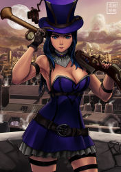 Rule 34 | 1girl, antique firearm, arm strap, asymmetrical gloves, belt, black gloves, blue eyes, blue hair, blunderbuss, breasts, caitlyn (league of legends), cityscape, cleavage, commentary, detached collar, dress, english commentary, gun, full moon, gloves, gun, hat, highres, league of legends, long hair, looking at viewer, loose belt, making-of available, medium breasts, mismatched gloves, moon, over shoulder, purple dress, rifle, ryu shou, short dress, signature, solo, steampunk, strapless, strapless dress, thigh strap, top hat, weapon, weapon over shoulder