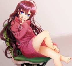 Rule 34 | 10s, 1girl, aran sweater, barefoot, blue eyes, cable knit, chair, closed mouth, crossed legs, dress, earrings, feet, finger to mouth, fingernails, ichinose shiki, idolmaster, idolmaster cinderella girls, jewelry, kumehara chiyota, legs, long hair, looking at viewer, nail polish, office chair, pink sweater, purple hair, red nails, ribbed sweater, shiny skin, sitting, smile, solo, spread toes, sweater, sweater dress, swivel chair, thighs, toenail polish, toenails, toes, very long hair, wavy hair