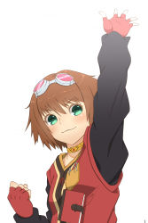 Rule 34 | 00s, 1girl, arm up, bad id, bad pixiv id, brown hair, chiikana, choker, fingerless gloves, gloves, goggles, goggles on head, green eyes, highres, rita mordio, shirt, short hair, simple background, smile, solo, tales of (series), tales of vesperia, white background, yoshiwa tomo