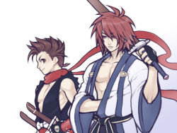 Rule 34 | 00s, 2boys, age difference, alternate costume, bare pectorals, belt, brown eyes, brown hair, father and son, fingerless gloves, folks (nabokof), gloves, japanese clothes, kratos aurion, lloyd irving, male focus, multiple boys, pectorals, red eyes, red hair, red scarf, scarf, short hair, sword, tales of (series), tales of symphonia, weapon
