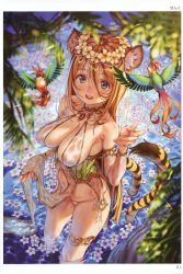 Rule 34 | 1girl, absurdres, animal, animal ears, artist name, bird, blonde hair, blue eyes, breasts, cleavage, fingernails, flower, head wreath, highres, kink (tortoiseshell), looking at viewer, medium breasts, open mouth, page number, partially submerged, scan, see-through, smile, solo, standing, stomach, tail, thigh strap, tiger ears, tiger tail, toranoana, wading, water