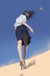 Rule 34 | 1girl, absurdres, black footwear, black hair, black skirt, day, flying saucer, from behind, from below, full body, high heels, highres, looking at viewer, medium hair, original, outdoors, pencil skirt, sand, sand dune, shadow, shirt, skirt, solo, spacecraft, white shirt, wind, www (201548)