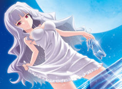 Rule 34 | 1girl, breasts, dress, dutch angle, full moon, hairband, high heels, holding, holding shoes, idolmaster, idolmaster (classic), long hair, masakichi (crossroad), moon, red eyes, see-through, see-through silhouette, shijou takane, shoes, silver hair, skirt hold, smile, solo, sparkle, very long hair, wading, water, white dress