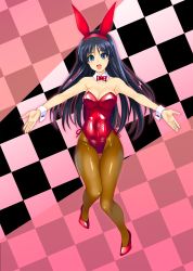 Rule 34 | 1girl, animal ears, bow, bowtie, breasts, brown pantyhose, checkered background, cleavage, detached collar, fake animal ears, full body, high heels, highres, kamia (not found), knees together feet apart, leotard, looking at viewer, medium breasts, open mouth, orange pantyhose, original, outstretched arms, pantyhose, playboy bunny, rabbit ears, rabbit girl, rabbit tail, red bow, red bowtie, red leotard, smile, solo, strapless, strapless leotard, tail, thigh gap, wrist cuffs