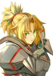 1girl armor blonde_hair closed_mouth commentary fate/apocrypha fate_(series) from_side green_eyes grey_armor hair_ornament hair_scrunchie highres looking_at_viewer mordred_(fate) mordred_(fate/apocrypha) ponytail red_scrunchie scrunchie solo upper_body white_background xfiro