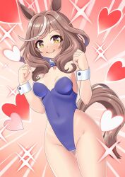 Rule 34 | 1girl, alternate costume, animal ears, bare shoulders, blush, breasts, brown eyes, brown hair, clenched hands, closed mouth, cosplay, ei ei mun!, ganimede, gluteal fold, groin, heart, horse ears, horse girl, horse tail, looking at viewer, matikane tannhauser (umamusume), medium breasts, medium hair, nontraditional playboy bunny, simple background, smile, solo, sparkle, tail, umamusume