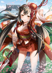 Rule 34 | arm up, blue sky, breasts, brown eyes, brown hair, butterfly ornament, day, floral print, flower, grass, hair flower, hair ornament, hairband, highres, holding, holding polearm, holding spear, holding weapon, long hair, looking at viewer, masoo, medium breasts, original, outdoors, petals, polearm, red hairband, red skirt, skirt, sky, smile, solo, spear, standing, stone walkway, tassel, thighhighs, very long hair, weapon, white thighhighs