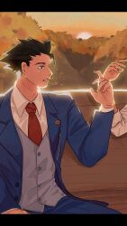 Rule 34 | 2boys, ace attorney, apollo justice, arm at side, autumn, bench, black hair, blue eyes, blue jacket, blue pants, blue suit, blue vest, buttons, collared shirt, formal, hand up, highres, jacket, lapel chain, lapel pin, layered sleeves, letterboxed, long sleeves, looking at another, male focus, marikmame, multiple boys, necktie, outdoors, pants, parted lips, phoenix wright, profile, red necktie, shirt, short hair, sitting, solo focus, spiked hair, suit, sunset, three-piece suit, vest, waistcoat, white shirt