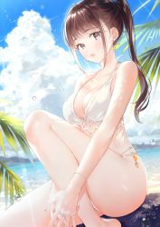 Rule 34 | 1girl, ass, bad id, bad pixiv id, bare arms, bare legs, bare shoulders, barefoot, beach, bikini, blue sky, breasts, brown hair, bubble, cleavage, cloud, cloudy sky, collarbone, day, earrings, from side, gomzi, grey eyes, halterneck, hugging own legs, jewelry, knee up, large breasts, leaf, light rays, long hair, looking at viewer, multi-strapped bikini, ocean, original, outdoors, own hands together, parted lips, ponytail, sidelocks, sitting, sky, solo, strap gap, sunlight, swimsuit, thighs, water, water drop, white bikini