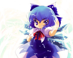 Rule 34 | 1girl, blue eyes, blue hair, bow, cirno, clenched hand, fighting stance, hair bow, highres, ice, ice wings, matching hair/eyes, open mouth, solo, touhou, uneven eyes, wings, yume shokunin