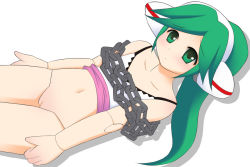 Rule 34 | 1girl, bare shoulders, bdsm, bondage, bottomless, bound, breasts, camisole, chain, cleavage, cleft of venus, collarbone, doll, doll joints, green eyes, green hair, headgear, joints, kurappii, long hair, looking at viewer, matching hair/eyes, navel, ponytail, pussy, simple background, small breasts, solo, stomach, white background