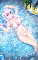 Rule 34 | 1girl, absurdres, bare shoulders, bikini, blunt bangs, braid, breasts, cleavage, commentary request, dahe zhuang (yishi fanhua), emilia (re:zero), flower, french braid, hair flower, hair ornament, hair ribbon, highres, in water, large breasts, light purple hair, long hair, looking at viewer, navel, pointy ears, purple eyes, purple ribbon, re:zero kara hajimeru isekai seikatsu, ribbon, rose, silver hair, smile, solo, swimsuit, white bikini, white flower, white rose, x hair ornament