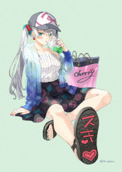 Rule 34 | 1girl, baseball cap, blue eyes, blush, cup, disposable cup, drinking straw, earrings, artistic error, grey hair, hair ornament, hat, jacket, jewelry, long hair, miyabi akino, nail polish, open clothes, open jacket, original, sandals, sitting, skirt, solo, twintails, wrong foot