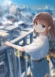 Rule 34 | 1girl, balcony, blue eyes, blue shorts, blunt bangs, brown hair, chromatic aberration, city, closed mouth, commentary request, day, fantasy, fish, from behind, hand on railing, highres, long hair, looking at viewer, looking back, original, outdoors, oyuyu, plant, potted plant, railing, shirt, short shorts, short sleeves, shorts, solo, watering can, whale, white shirt