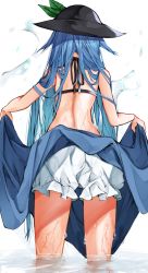 Rule 34 | 1girl, absurdres, ass, back, black hat, bloomers, blue hair, blue skirt, clothes lift, facing away, food, from behind, fruit, hat, highres, hinanawi tenshi, leaf, lifting own clothes, long hair, peach, skirt, skirt lift, solo, thighs, touhou, tsune (tune), underwear, very long hair, wading, water, wet, white background