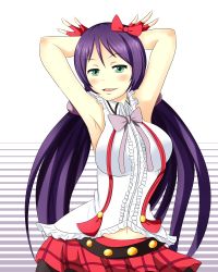 Rule 34 | 10s, 1girl, absurdres, armpits, blush, bokura wa ima no naka de, bow, bowtie, breasts, eyebrows, fingerless gloves, gloves, green eyes, hair bow, highres, jojo pose, large breasts, long hair, looking at viewer, love live!, love live! school idol project, low twintails, multicolored clothes, multicolored skirt, navel, open mouth, purple bow, purple bowtie, purple hair, red bow, scrunchie, shirt, skirt, sleeveless, sleeveless shirt, solo, striped, striped background, tojo nozomi, twintails, two-tone background, wangphing, white shirt