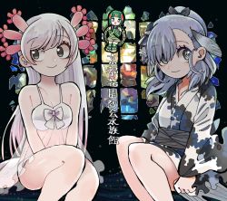 Rule 34 | 3girls, animal costume, blue hair, closed mouth, green eyes, green hair, grey eyes, hair ornament, japanese clothes, jinmen-gyo (kemono friends), kanmoku-san, kemono friends, kemono friends 3, kimono, lingerie, long hair, looking at viewer, mexico salamander (kemono friends), multiple girls, negligee, open mouth, red-eared slider (kemono friends), ribbon, stained glass, underwear, white hair