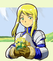 Rule 34 | 1girl, agrias oaks, armor, blonde hair, braid, braided ponytail, breastplate, brown gloves, corset, elbow pads, final fantasy, final fantasy tactics, flower, gloves, holding, holding flower, inui (jt1116), knight, long hair, ponytail, shoulder pads, sidelocks, single braid, smile, solo, upper body