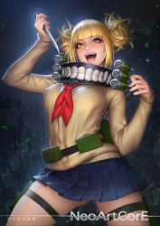 Rule 34 | 10s, 1girl, artist name, blonde hair, blue skirt, boku no hero academia, double bun, fangs, knife, leaf, looking at viewer, necktie, neoartcore, night, open mouth, school uniform, skindentation, skirt, slit pupils, solo, teeth, thigh strap, toga himiko, tree, twintails, yellow eyes