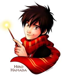 Rule 34 | 1boy, artist name, bad id, bad twitter id, big hero 6, brown eyes, brown hair, character name, cosplay, disney, harry potter (series), hiro hamada, hogwarts school uniform, holding, holding wand, male focus, parody, ponsu (ponzuxponzu), red scarf, scarf, school uniform, smile, solo, striped clothes, striped scarf, wand, wizarding world
