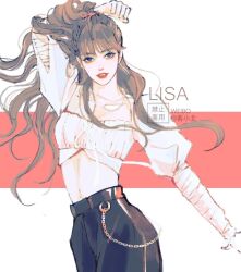 Rule 34 | 1girl, animification, arm up, black pants, blackpink, blunt bangs, chain, chinese commentary, clenched hand, commentary request, cowboy shot, crop top, earrings, half updo, highres, jewelry, k-pop, lisa (blackpink), long hair, looking at viewer, necklace, pants, pearl necklace, puffy sleeves, real life, red lips, shirt, solo, weibo 6341564566, weibo watermark, white shirt