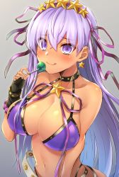Rule 34 | 1girl, :q, absurdres, bare shoulders, bb (fate), bb (fate) (all), bb (swimsuit mooncancer) (fate), bb (swimsuit mooncancer) (second ascension) (fate), bikini, black choker, black gloves, blue hair, blush, breasts, candy, choker, cleavage, closed mouth, collarbone, commentary request, earrings, fate/grand order, fate (series), fingerless gloves, fingernails, food, gloves, gold trim, gradient background, gradient hair, grey background, hair between eyes, hair ribbon, hand up, highres, holding, holding candy, holding food, holding lollipop, jewelry, large breasts, lollipop, long hair, looking at viewer, multicolored hair, navel, purple bikini, purple eyes, purple hair, purple ribbon, ribbon, samoore, smile, solo, star (symbol), star earrings, swimsuit, tan, tongue, tongue out, very long hair