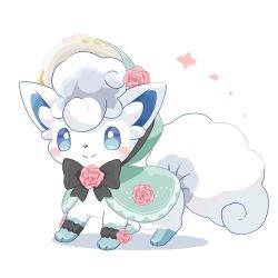 Rule 34 | alolan form, alolan vulpix, black bow, black bowtie, blue eyes, blush stickers, bow, bowtie, capelet, closed mouth, clothed pokemon, commentary, creatures (company), floral print, flower, full body, game freak, gen 7 pokemon, highres, hood, hooded capelet, kana (maple926), nintendo, pink flower, pink rose, pokemon, pokemon (creature), pokemon cafe remix, rose, scrunchie, smile, twitter username, white background, wrist scrunchie