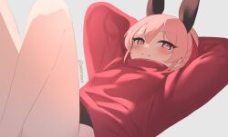 1girl animal_ears arms_behind_head artist_name black_leotard blush closed_mouth fake_animal_ears grey_background leotard looking_at_viewer lying on_back original pink_eyes pink_hair playboy_bunny rabbit_ears red_sweater skeptycally smile solo solo_focus sweater twitter_username