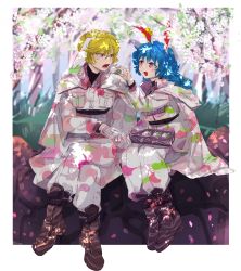 Rule 34 | 2girls, alternate costume, animal ears, blonde hair, blue hair, boots, border, cape, chamaruk, cherry blossoms, crossed legs, dappled sunlight, day, feeding, floppy ears, flower, food, full body, gloves, hand up, highres, holding, holding food, hood, hood down, hooded cape, jacket, legs together, long hair, long sleeves, looking at another, multiple girls, open mouth, outdoors, pants, print jacket, print pants, rabbit ears, red eyes, ringo (touhou), seiran (touhou), short hair, sitting, smile, sunlight, touhou, tree