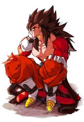 Rule 34 | 1boy, bare pectorals, biceps, black hair, blue eyes, body fur, dragon ball, dragon ball heroes, earrings, fusion, gloves, grin, highres, jewelry, male focus, monkey boy, monkey tail, muscular, muscular male, no nipples, pants, pectorals, potara earrings, red fur, red pants, relio db318, simple background, smile, solo, spiked hair, super saiyan, super saiyan 4, tail, teeth, torn clothes, vegetto, vegetto (xeno), white gloves, white legwear