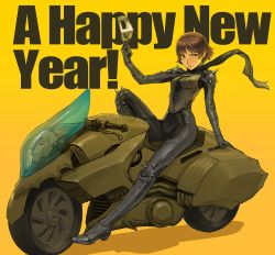 Rule 34 | 10s, 1girl, 2018, bicycle, biker clothes, bikesuit, black bodysuit, black footwear, bodysuit, boots, braid, brown hair, corset, crown braid, english text, facing viewer, from side, full body, gradient background, happy new year, knee up, looking at viewer, mask, motor vehicle, motorcycle, new year, niijima makoto, orange background, parted bangs, persona, persona 5, red eyes, shoulder spikes, simple background, sitting, smile, solo, spikes, spread legs, unworn mask, yellow background