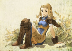 Rule 34 | 00s, 1girl, ass, baiguiyu, blonde hair, boots, bracer, final fantasy, final fantasy xii, flower, highres, knee boots, kneehighs, looking at viewer, open mouth, penelo, plant, reclining, sitting, smile, socks, solo, twintails
