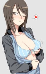 Rule 34 | 10s, 1girl, ;), bikini, bikini top only, blue bikini, blush, breast lift, breasts, cleavage, collarbone, front-tie bikini top, front-tie top, girls und panzer, grey background, heart, jacket, kumadano, long sleeves, looking at viewer, medium breasts, mika (girls und panzer), motion lines, nail polish, one eye closed, open clothes, open jacket, partially unzipped, pink nails, simple background, smile, solo, speech bubble, spoken heart, striped bikini, striped bikini top, striped clothes, sweat, swept bangs, swimsuit, track jacket, undressing, upper body, vertical stripes