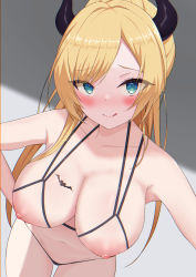 Rule 34 | 1girl, :q, absurdres, bikini, black bikini, blonde hair, blush, breast tattoo, breasts, cleavage, closed mouth, collarbone, commentary request, cowboy shot, demon girl, demon horns, dot nose, forehead, green eyes, hair over shoulder, highres, hololive, horns, hukigen dadada, large breasts, leaning forward, legs apart, long hair, looking at viewer, micro bikini, navel, nipples, parted bangs, shadow, simple background, solo, swimsuit, tattoo, tongue, tongue out, virtual youtuber, yuzuki choco, yuzuki choco (hololive summer 2019)