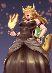Rule 34 | 1girl, bare shoulders, blonde hair, blue eyes, bowsette, bracelet, breasts, cleavage, collar, crown, dress, earrings, fire, highres, horns, jewelry, large breasts, long hair, looking at viewer, mario (series), new super mario bros. u deluxe, nintendo, pointy ears, ponytail, sharp teeth, sherrywn, smile, solo, spiked bracelet, spiked collar, spikes, super crown, teeth, tongue, tongue out