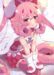 Rule 34 | 1girl, absurdres, blush, cape, commentary request, curly hair, garter straps, hat, head chain, highres, jewelry, leaning forward, long hair, mittens, neneka (princess connect!), open mouth, pink eyes, pink hair, pink shirt, pink shorts, pink thighhighs, pointy ears, princess connect!, shirt, short sleeves, shorts, sitting, smile, solo, sparkle, strapless, sw (taco), thighhighs, very long hair, white cape, white hat, white mittens