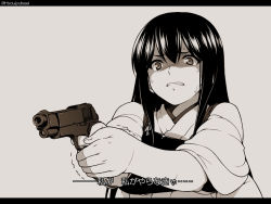Rule 34 | 10s, 1girl, aiming, akagi (kancolle), beretta 92, clenched teeth, gun, handgun, hyouju issei, japanese clothes, kantai collection, letterboxed, long hair, monochrome, muneate, pistol, shaded face, sidelocks, simple background, solo, sweat, teeth, translation request, trembling, weapon