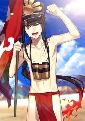 Rule 34 | 1boy, abs, arm up, beach, biceps, binoculars, black hair, blue sky, blunt bangs, blurry, blurry background, clenched hand, cloud, collarbone, cowboy shot, dripping, fate/grand order, fate (series), fiery hair, flag, groin, groin tendon, hair between eyes, hat, highres, hill, holding, holding flag, kepi, kiritani846, lens flare, long hair, looking at viewer, low ponytail, military hat, navel, oda nobukatsu (fate), one eye closed, open mouth, outdoors, pale skin, pelvic curtain, red eyes, red flag, red loincloth, sky, solo, sparkle, stomach, topless male, v-shaped eyebrows, very long hair, wet