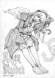 Rule 34 | 00s, barefoot, doll joints, dress, frills, greyscale, hairband, joints, long hair, monochrome, ozawa kou, rozen maiden, solo, suigintou, traditional media, wings