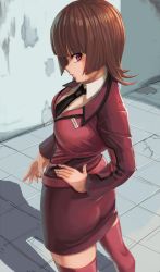 Rule 34 | 1girl, active raid, ass, blunt bangs, breasts, brown hair, closed mouth, collared shirt, cowboy shot, from behind, hand on own hip, highres, kazari asami, looking at viewer, looking back, necktie, pink thighhighs, pleated skirt, purple eyes, ranma (kamenrideroz), shirt, short hair, skirt, solo, standing, thighhighs, uniform
