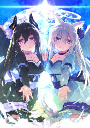 Rule 34 | 2girls, angel, angel and devil, animal ears, black hair, black legwear, black wings, blue eyes, cat ears, demon girl, demon horns, halo, holding hands, horns, jpeg artifacts, long hair, multiple girls, original, outstretched arm, outstretched hand, pink eyes, planet, silver hair, smile, sunlight, symmetrical hand pose, thighhighs, twintails, white legwear, white wings, wings, yasumo (kuusouorbital)